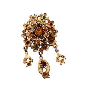 Vintage Gold-Tone Floral Dangle Rhinestone Brooch Pin With Multicolor Stones